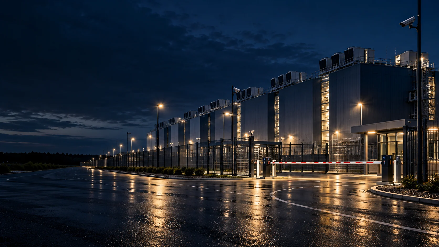 Fertiges Data Center bei Nacht mit Perimeterzaun, Kameras und Pförtnerhaus