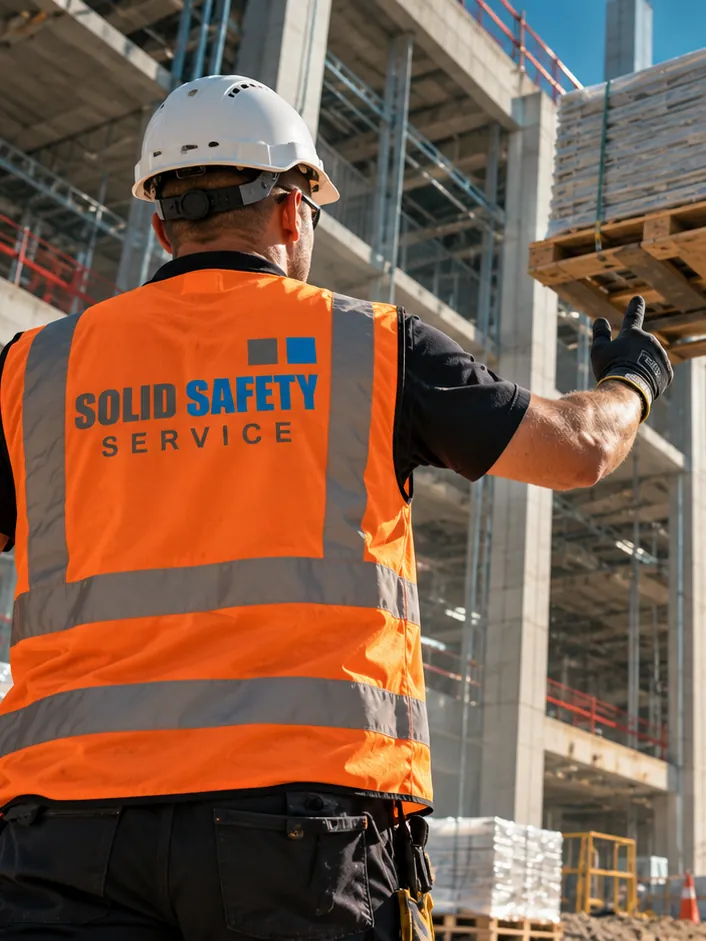 Bauhelfer von Solid Safety weist einen Teleskoplader bei der Anlieferung am Data-Center-Neubau ein