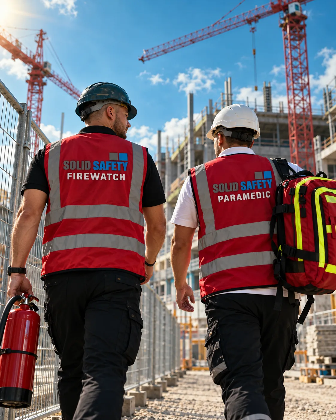 Brandwache mit Feuerlöscher und Betriebssanitäter mit Notfallrucksack auf einer Data-Center-Baustelle