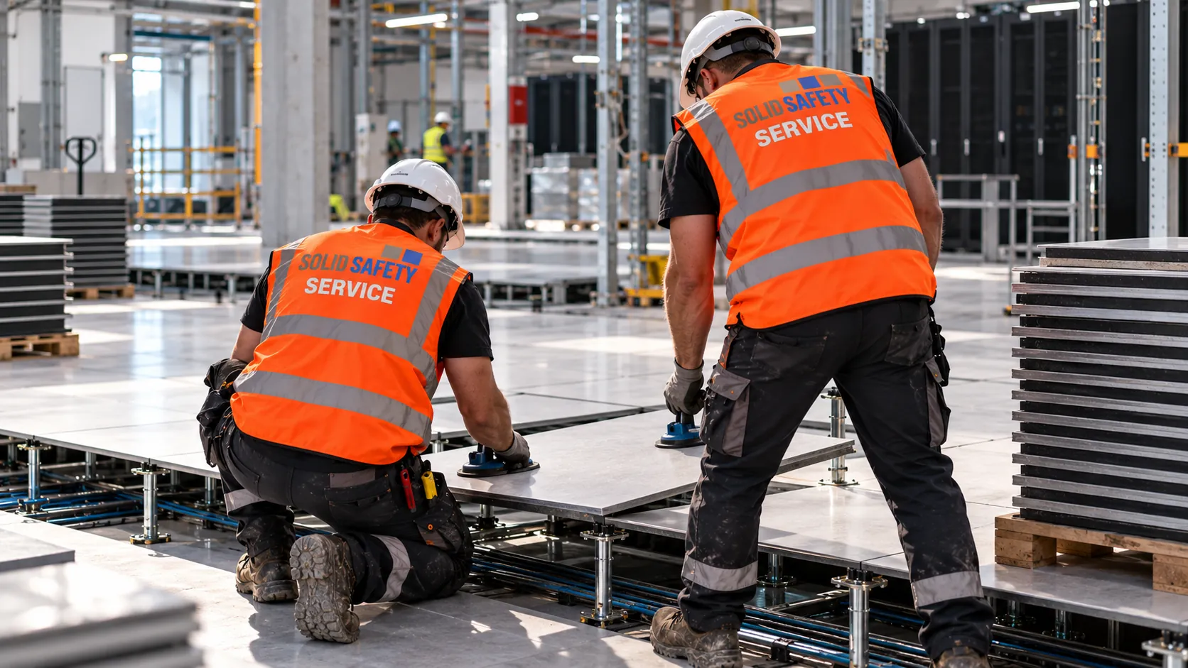 Bauhelfer verlegen Doppelbodenplatten in einer Data Hall