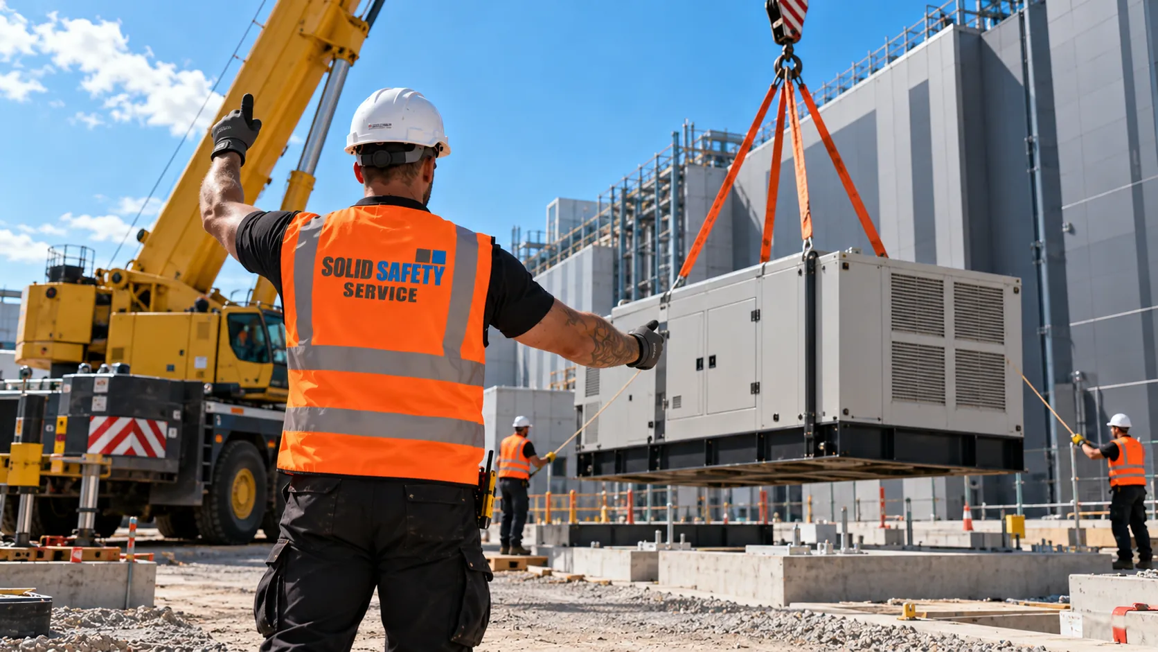 Einweiser beim Kranhub eines Generators am Autokran
