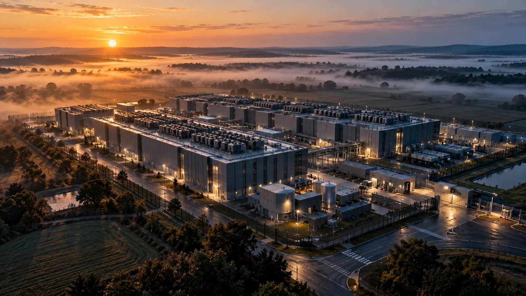 Luftaufnahme eines Data-Center-Campus bei Sonnenaufgang