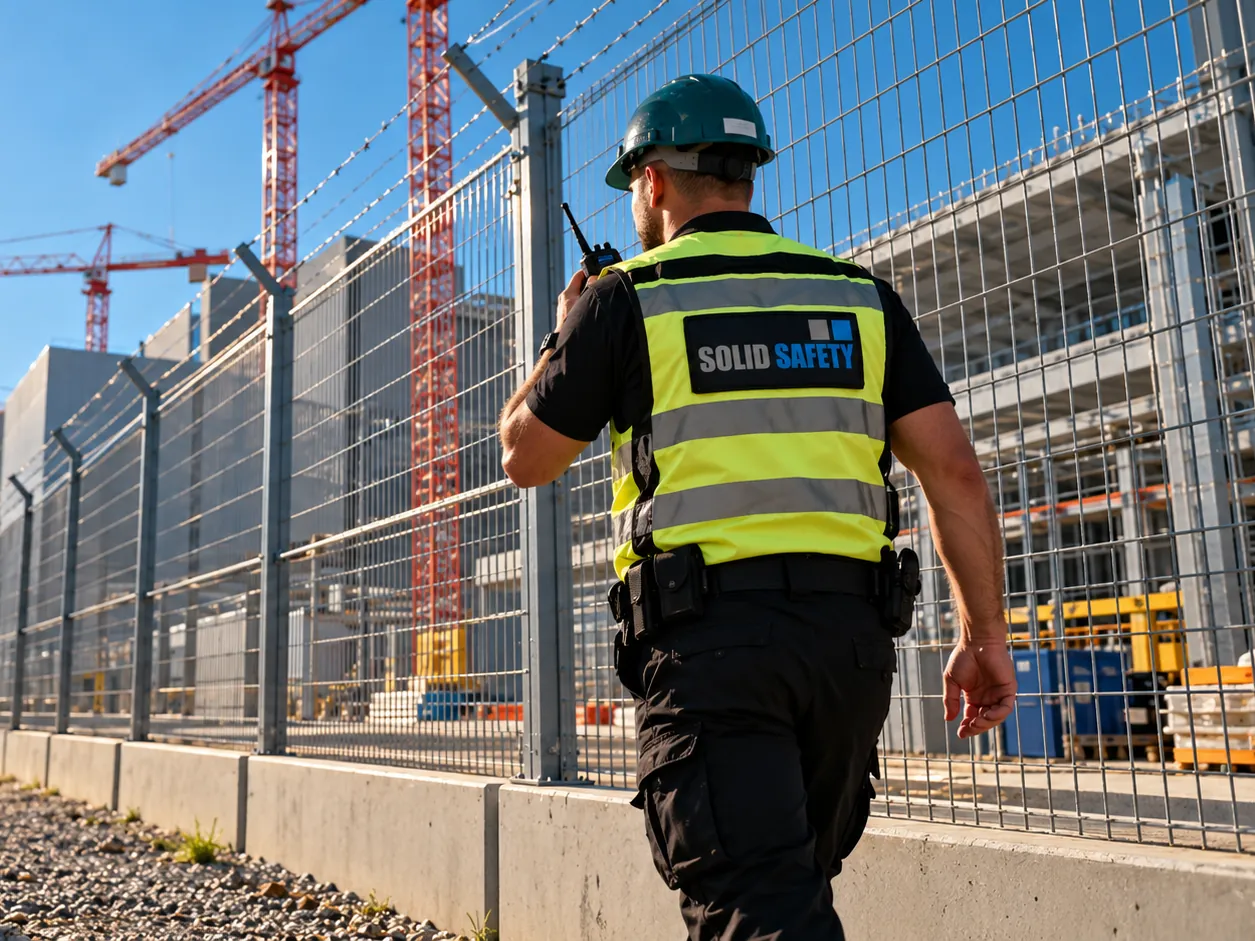 Sicherheitskraft mit Funkgerät auf Streife am Perimeterzaun einer Data-Center-Baustelle